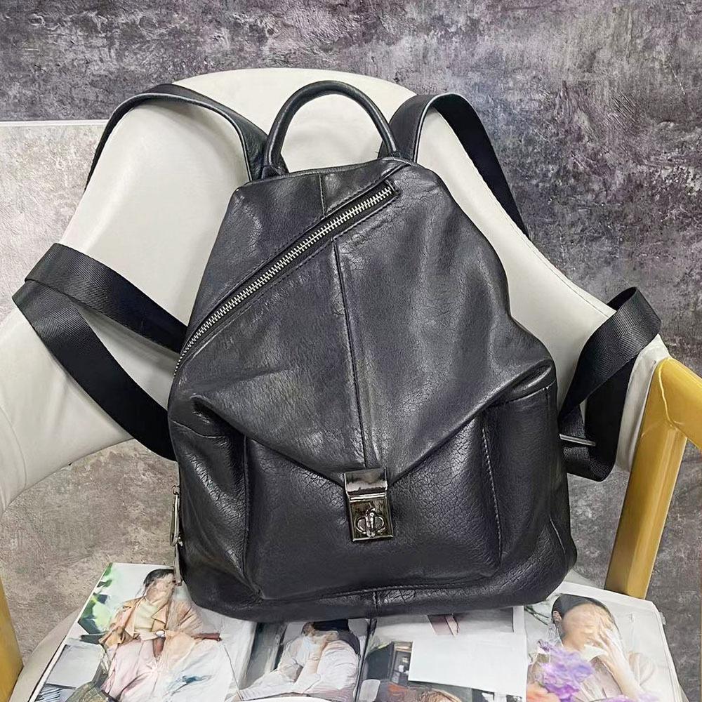 Echtleder-Rucksack für Damen, schwarzer Damenrucksack aus Rindsleder mit oberer Schicht, trendige und vielseitige Damentasche aus weichem Leder