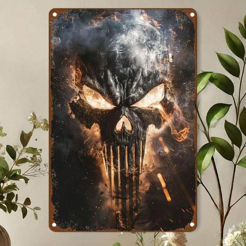 Metal Wall Art Skull with Flames Decor for Bar Room 20x30 Cm