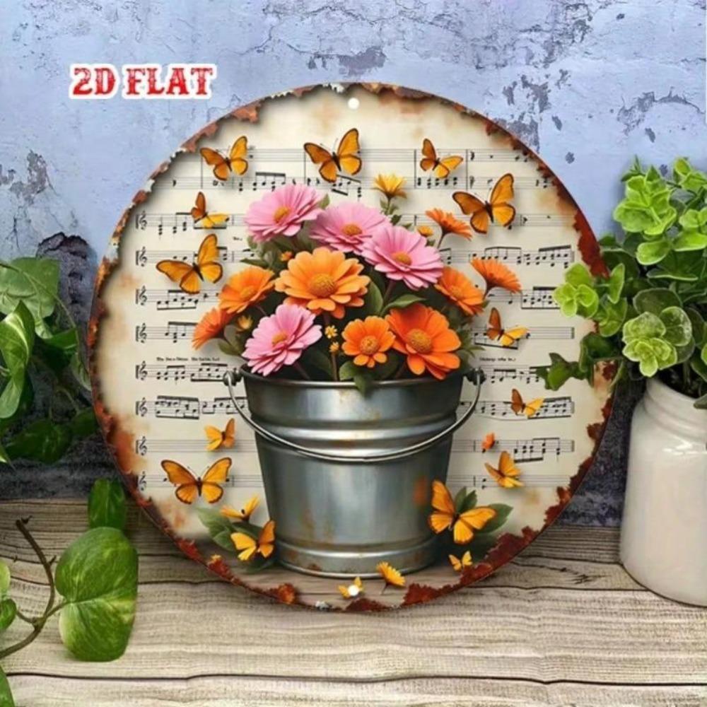 Metal Wall Art Music Note Sign Rustic Farmhouse Decor Tin Round Orange Pink Flowers Antique Sheet Music