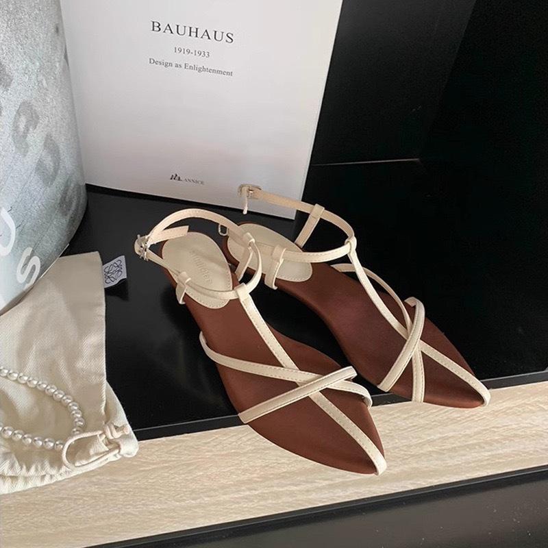 Sheepskin Version~ Retro Leather Cross Strap Roman Sandals Women's Summer Wear French Small Wedge Heel Pointed Sandals