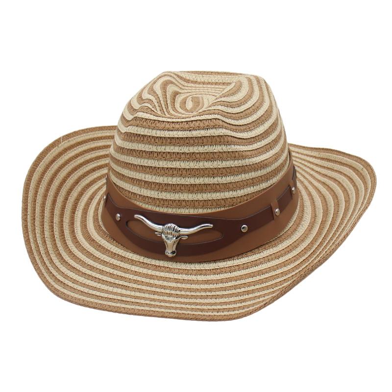 Western Cowboy Hat Hand-Woven Straw Hat Men'S And Women'S Outdoor Beach Vacation Windbreak Rope Sunscreen Sun Hat