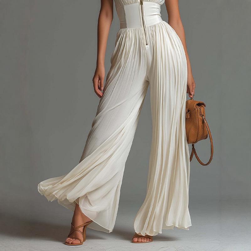 2026 Europäischer & Amerikanischer Stil Sexy Falten-Neckholder-Jumpsuit mit Weißen Weitbeinigen Hosen