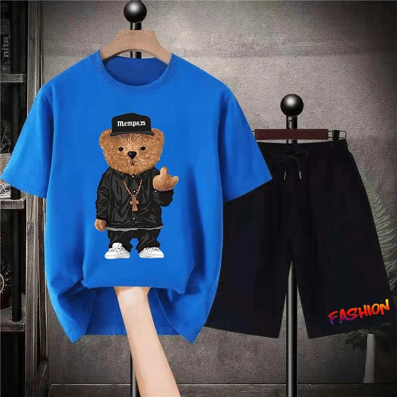 Korean Brand Bear Print T-shirt Men's Cotton Short-sleeved Oversized T-shirt Hip-hop Retro Suit Unisex Free Shipping