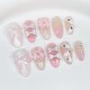 10Pcs Almond Press On Nails Handmade French Tip With Pearl Bowknot Diamond Heart Design Full Cover Fake Nail Tips