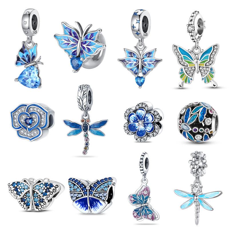 Copper Blue Murano Bead Pansy Flower Dangle Charm Compatible With 4MM Hole Diamete Bracelets With Necklaces Jewellery Gift