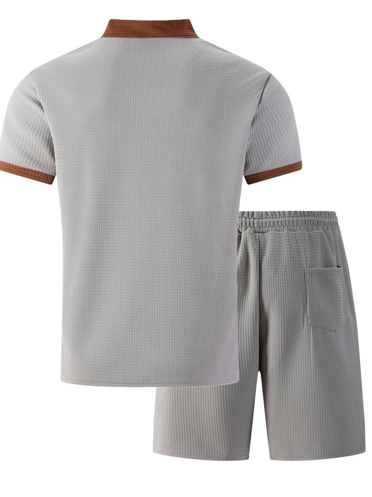 Men's Large Plaid Stand Collar Short Sleeve Color Block T-shirt and Shorts Set