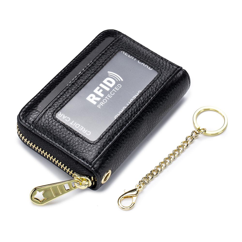 Genuine Leather Men Women Rfid Credit Card Holder Small Zipper Wallet Solid Coin Purse Key Ring ID Pocard Slot Mini Money Bag
