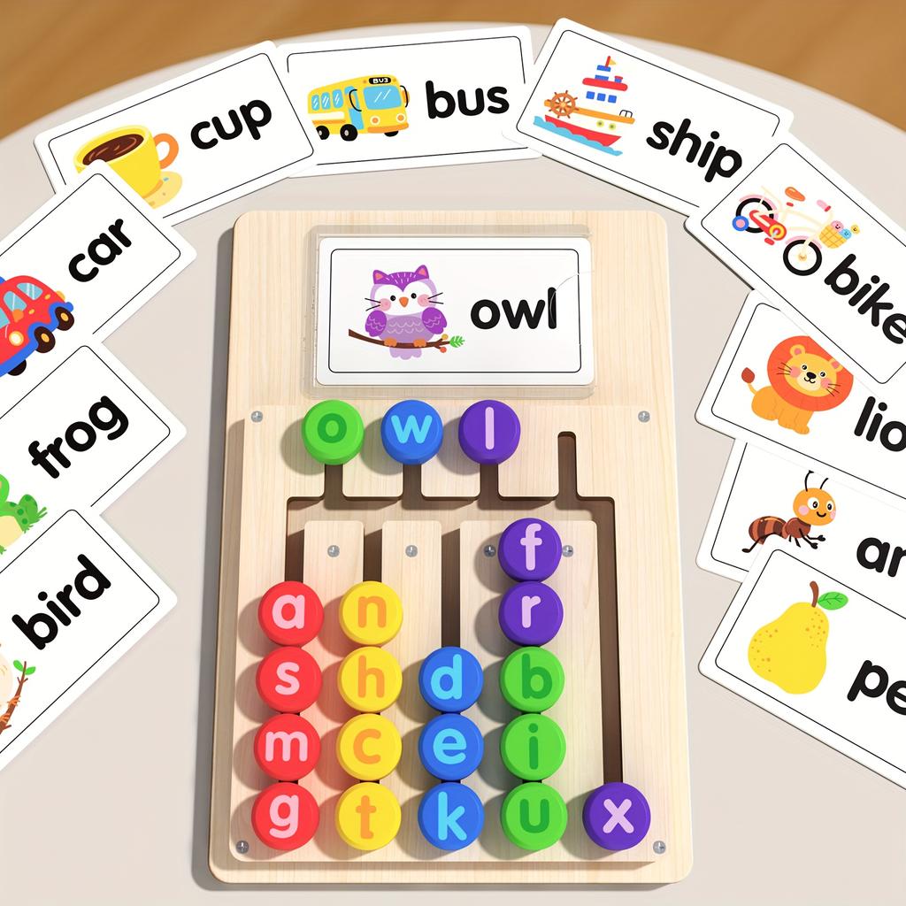 Letter Spelling Learning Board + 12 Double-Sided Word Cards (Total of 24 Words) | Educational Toy for English Phonics Introduction