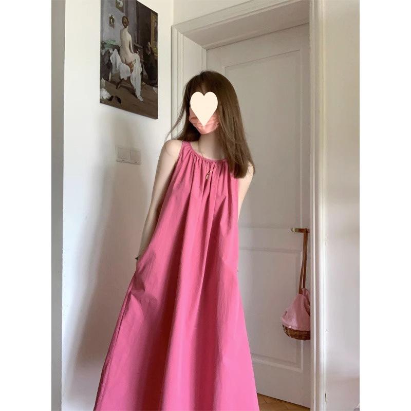 Raspberry sleeveless dress women's summer new high-end temperament white vest long skirt