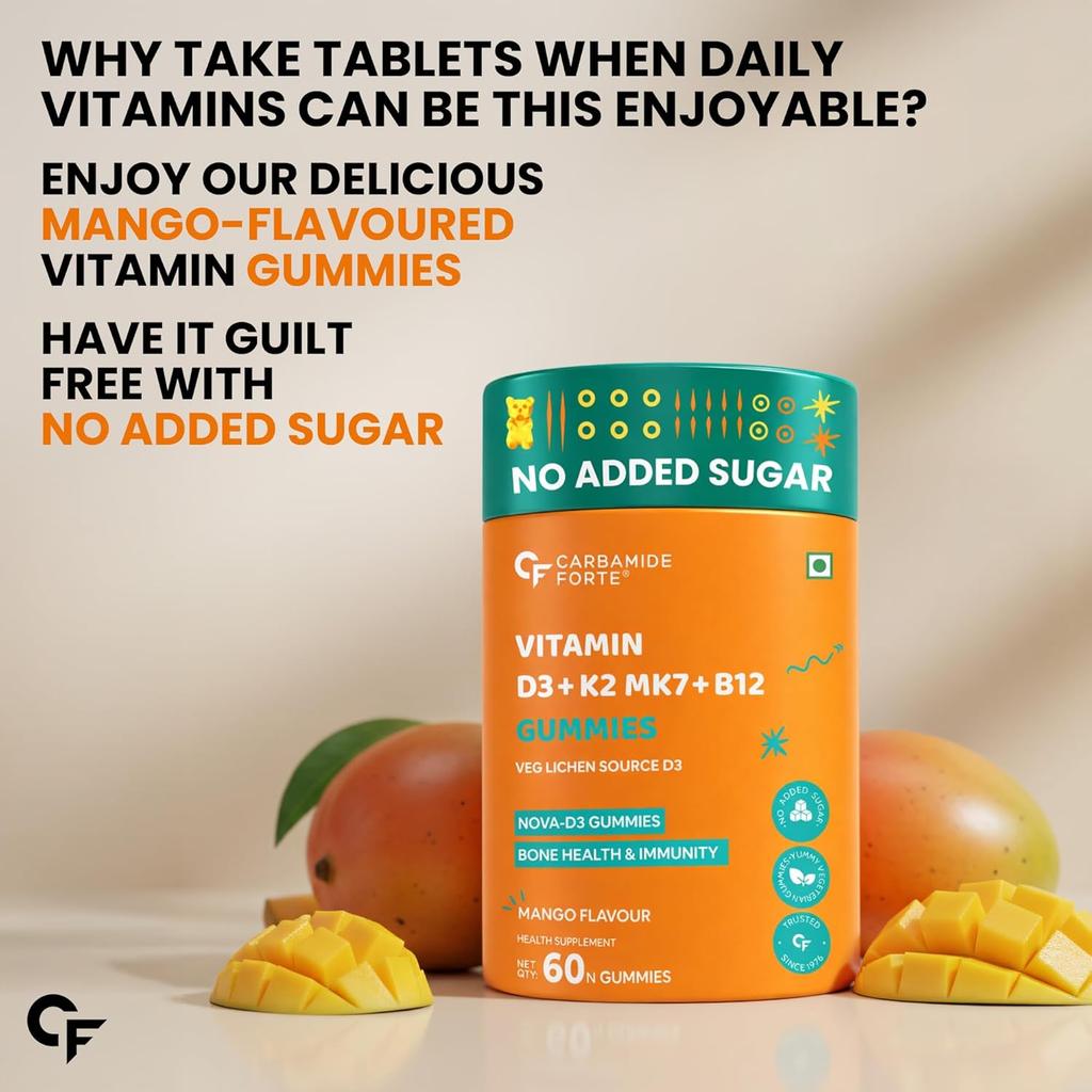 Carbamide Forte Vitamin D3 K2 B12 Gummis Pflanzenbasiert Veg Mango Geschmack Knochenunterstützung 60 Gummis Täglich Kaubar
