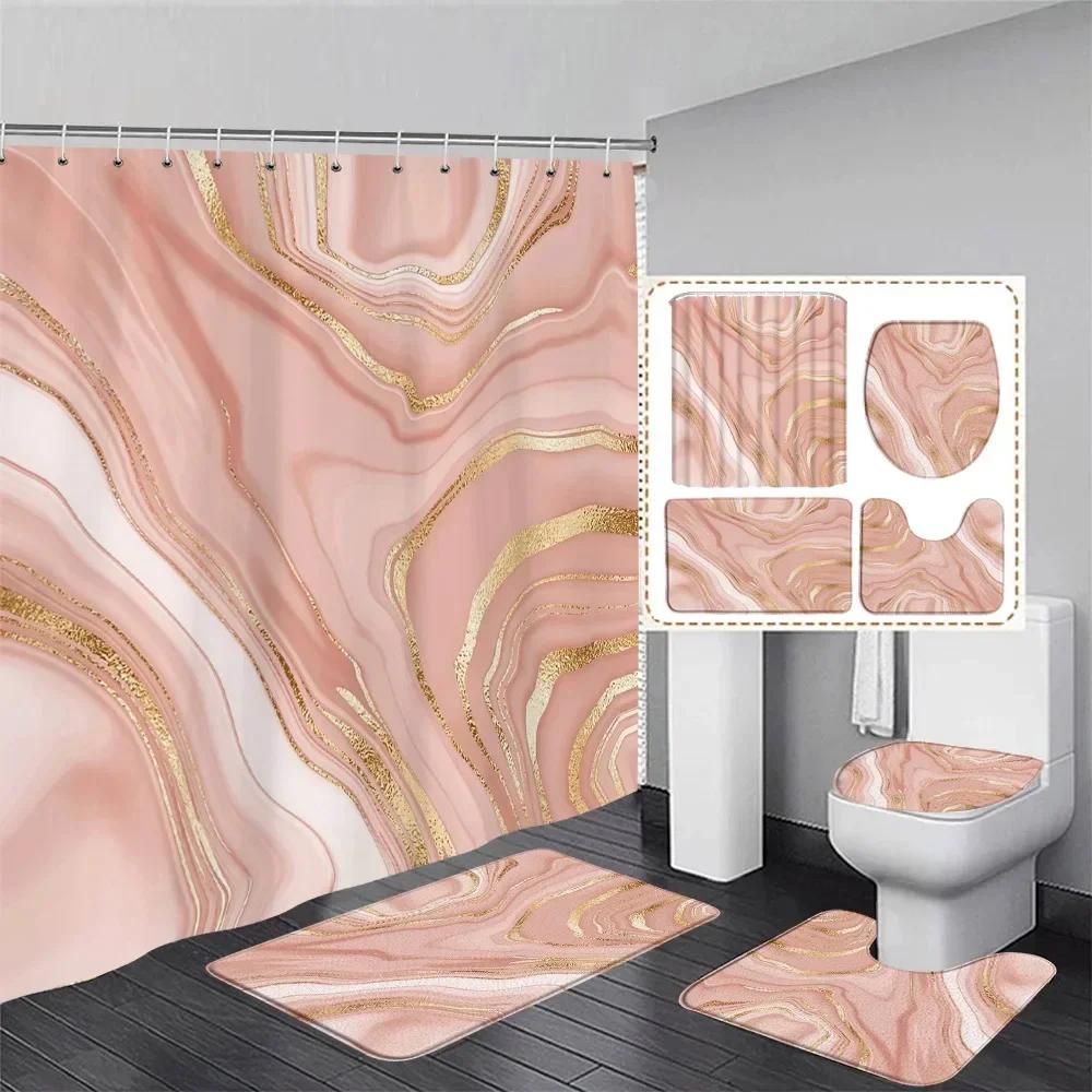 Abstract Pink Marble Shower Curtain Set Gold Textured Modern Geometric Ink Art Bathroom Decor Door Rug Bath Mat Toilet Lid Cover