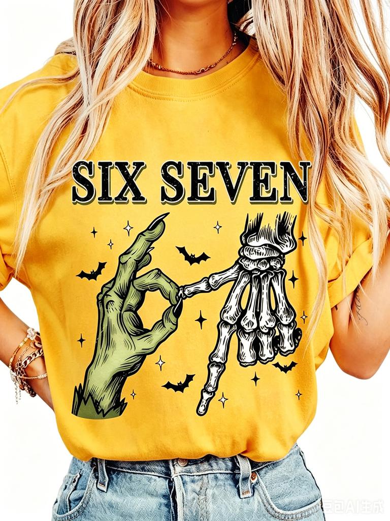 Polyester 100% Women Men Six Seven Skeleton Zombie Hands Graphic T-Shirt Halloween Bat Print Retro Short Sleeve Casual Tee