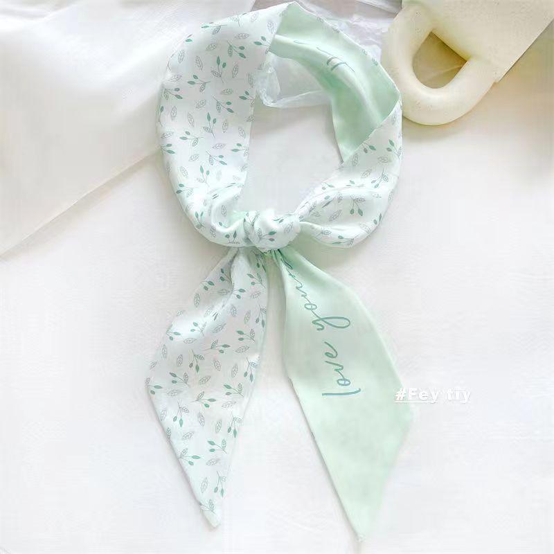 Small White And Tender Green Silk Scarf For Women, Thin Streamer, Headband, Hair Tie, Bag Decoration Long