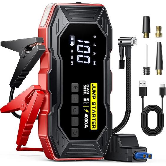 Jump Starter with Air Compressor, Portable Car Battery Jump Starter(12 Gas/10L Diesel), 4000A Peak 160PSI 12V Automobile Jump Box Pack Chargers with красный