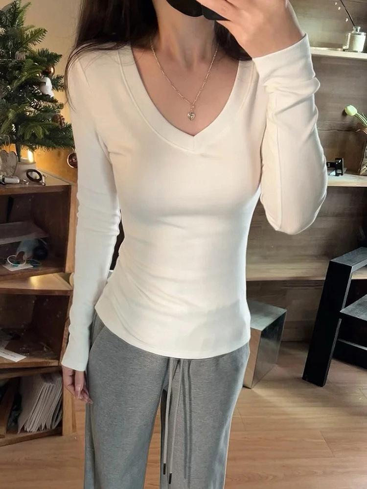 

American Spicy Girl V-Neck Long Sleeve Slim Top: Solid Color, Temp. Base Layer for Women - Stylish Inner Wear for Autumn to Spring. Extra Large белый