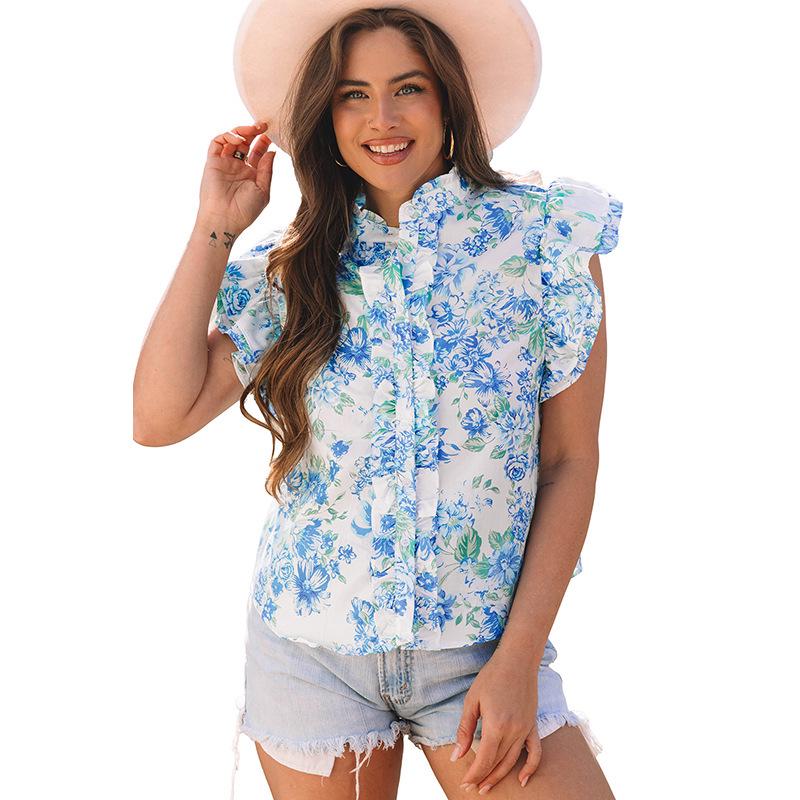 

Женский пуловер с коротким рукавом и цветочным принтом Shiying M небесно-голубой