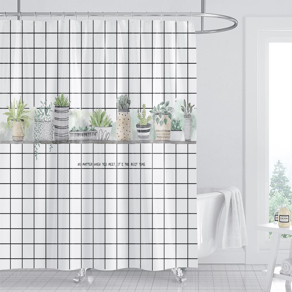 Green Plant Leaf Cactus Shower Curtain Printed Modern Nordic Minimalist Polyster Bathroom Curtain Home Decor Curtain with Hooks