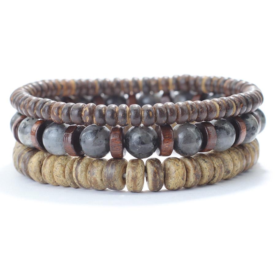 Vintage 3Pcs/Set Wooden Men Bracelet Natural Coconut Husk Turquoises Tiger Eyes Onyx Beads Braclet Jewelry Hombre Pulsera Joias