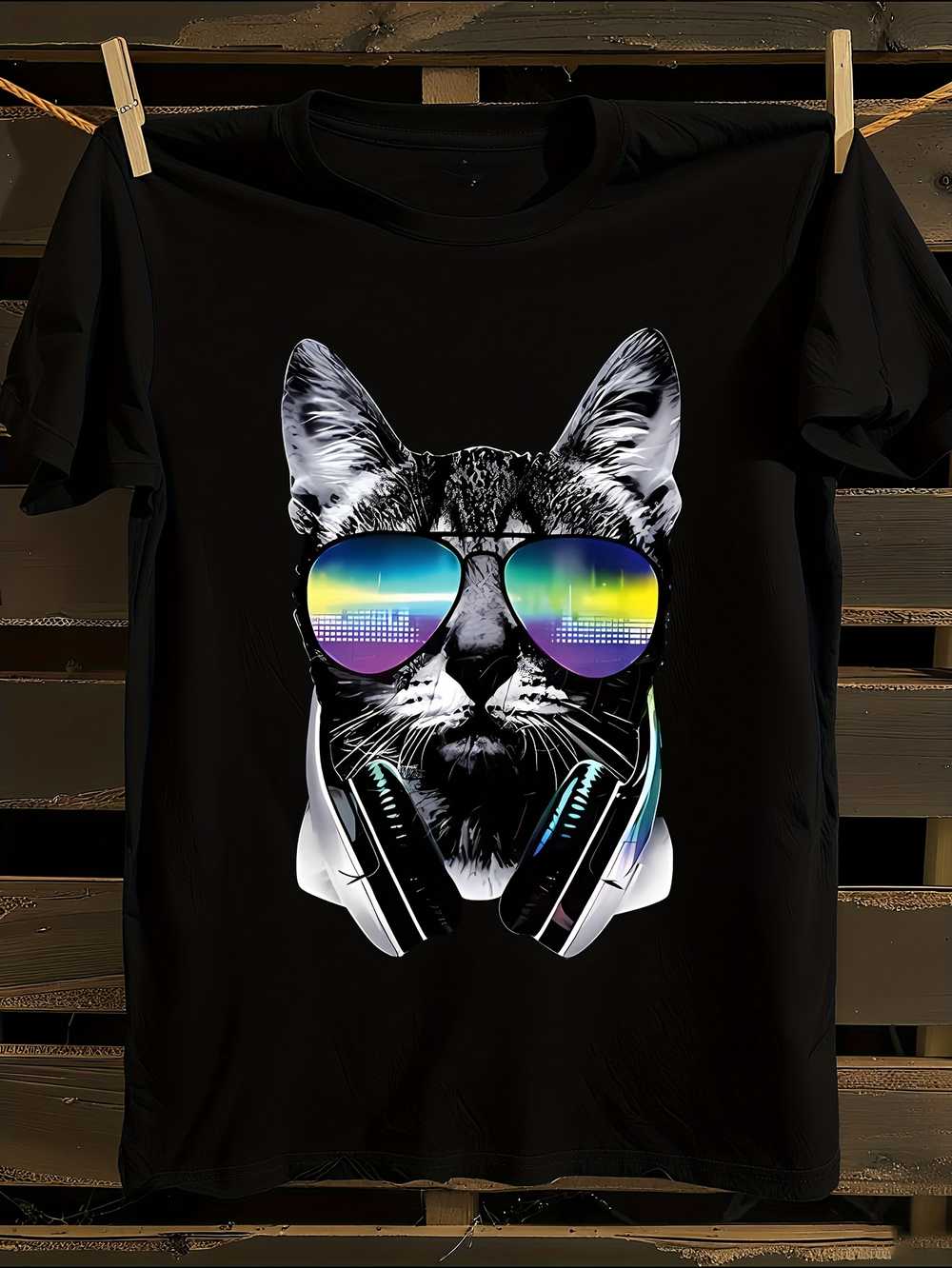 

DJ Cat & Music Note T-Shirt Mens Tshirt Womens Tshirts with Letters Print Short Sleeves T-Shirt Casual Street Tee Shirt Top XXXL