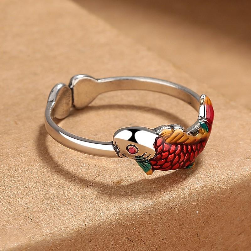 Adjustable Open Ring Women Men Vintage Koi Fish Design Copper Statement Jewelry Retro Boho Style