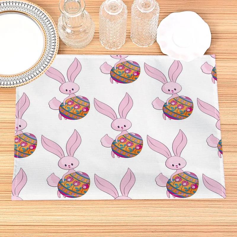 Easter Bunny Pattern Placemat Cotton Linen Fabric Table Mats Family Dinner Tableware Kitchen Size 30X45 Cm Table Mat