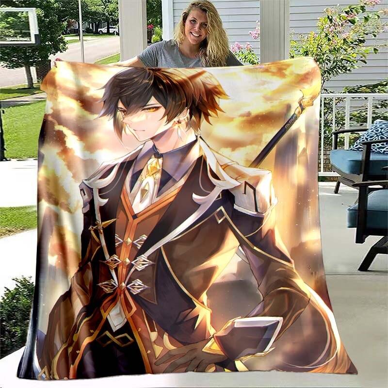 Game Genshin Impact Flannel Throw Blanket Gamer Cartoon Bedspread Smooth Soft Warm Gamer Gift Bed Sofa Home Bedroom Office Decor