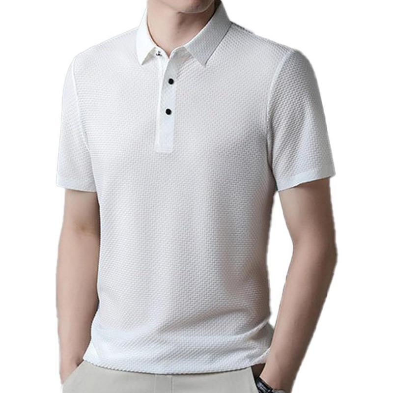 Men Textured Jacquard Turn Down Collar Short Sleeve Business Casual Polo Shirt S