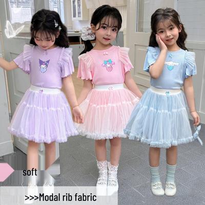 2025 Girls' Modal Ribbed Soft T-Shirt with Cute Cartoon Princess Sleeves