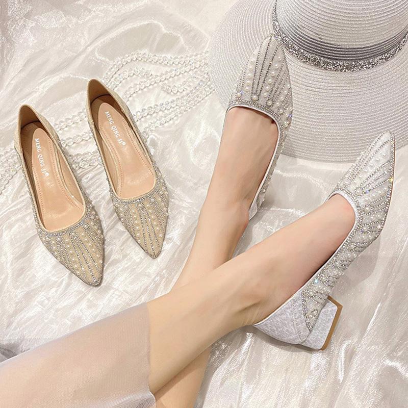 Fashion Luxury Pearl Beading high heels shoes for woman silver crystal pumps pointed toe sequines cloth bling tacones mujer big size 43