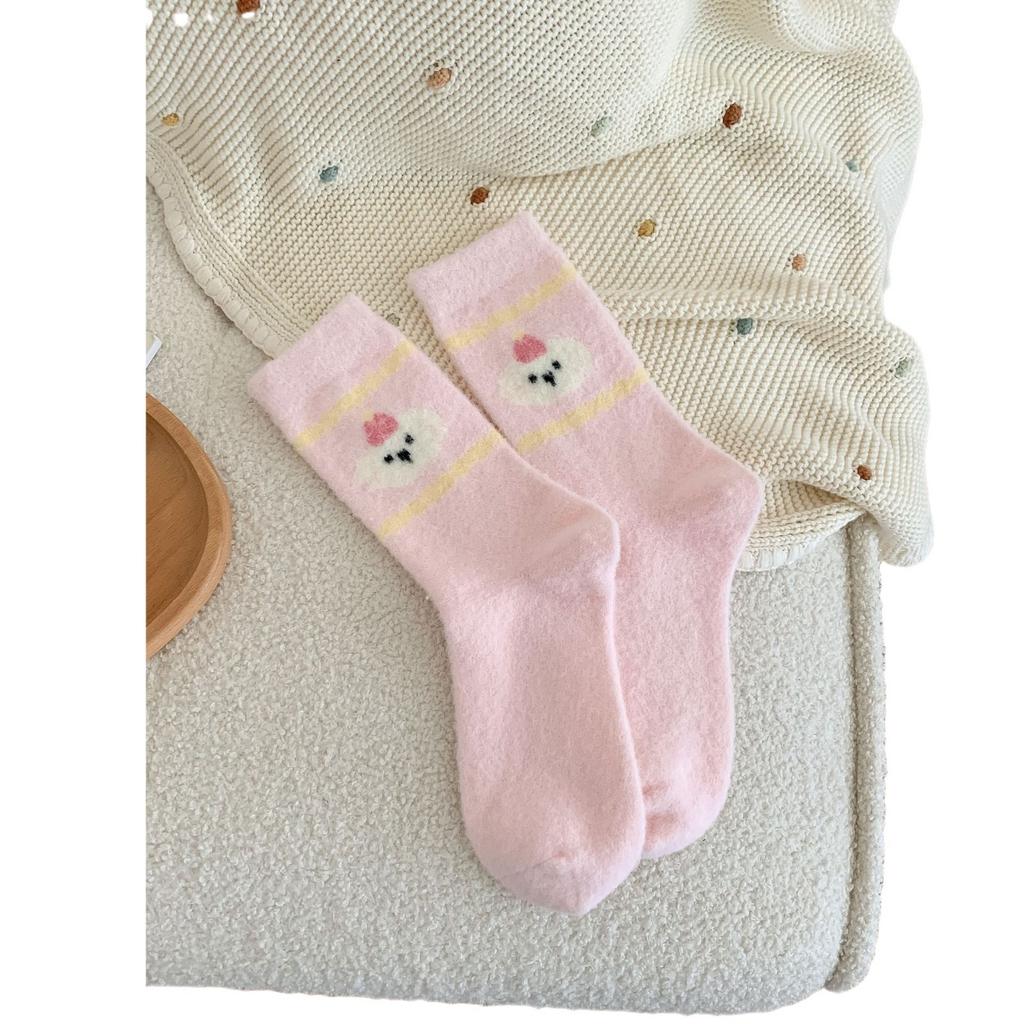 Pink Australian Fleece Socks Thickened Warm Socks Cartoon Striped Cute Plush Floor Socks