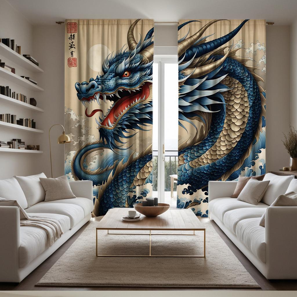 Blue Dragon Curtains Hd Print Fierce Red Eyes Waves Polyester Pocket Rod Top Living Room Bedroom Curtain Light Filtering Ideal For Great