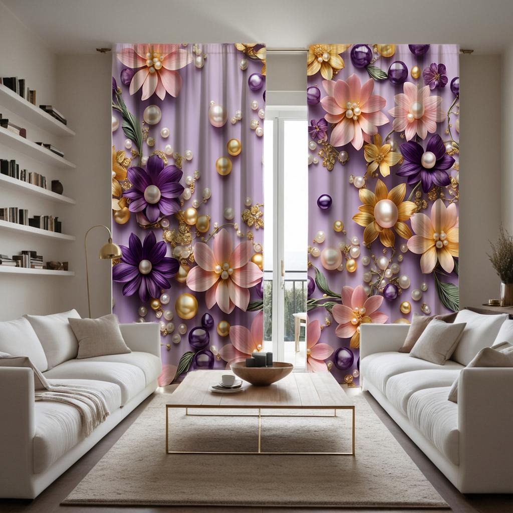 2pcs HD Stereo Pearl Flower Decoration Curtain Pink Tie Digital Printed Curtain Home Decoration Style Decoration Living Room