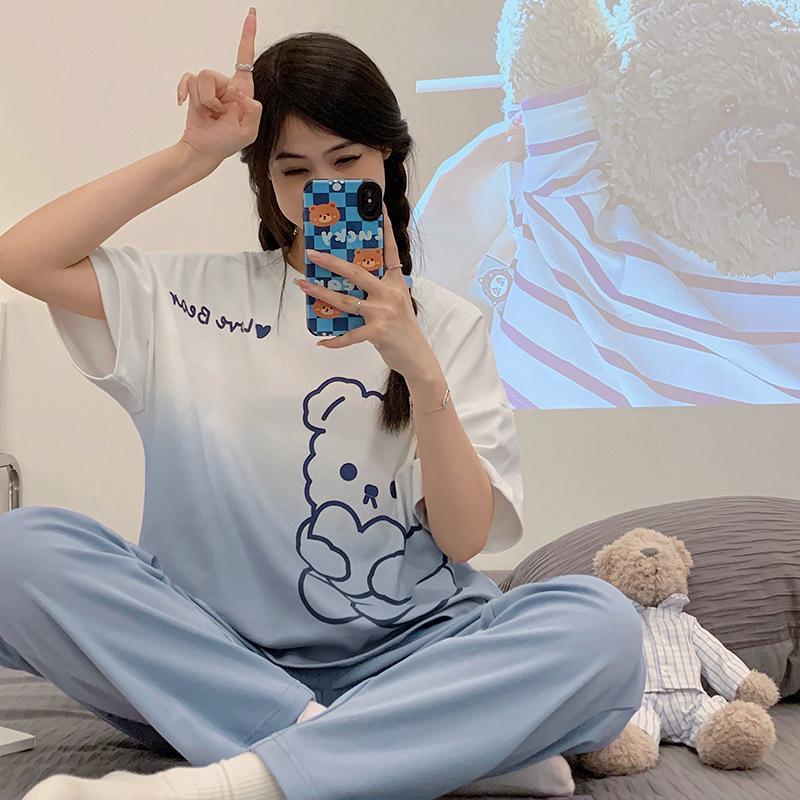 Women's Korean Style Cartoon Pajama Set - Short Sleeve, Long Pants, Plus Size, Casual Homewear
