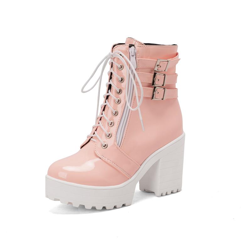 

Женские короткие ботильоны на высоком каблуке, новые осенне-зимние водонепроницаемые на платформе на толстом каблуке, больших размеров, универсальные римские короткие ботильоны 43 розовый