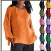 Long Sleeved Round Neck Solid Color Top Cotton and Linen Women’s Blouses & Shirts