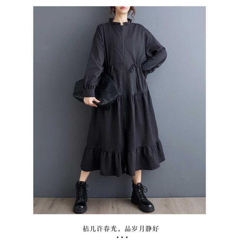 New Loose Retro Fashion Pleated Splicing Mid-Length Zipper Style Dresses