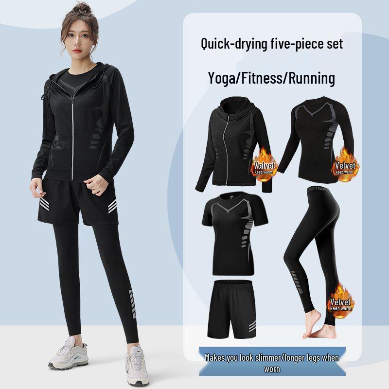 Women's Quick-Dry Fitness Wear Set: 5-Piece for Running, Basketball, Badminton, Morning Runs, Yoga – Autumn/Winter Collection.