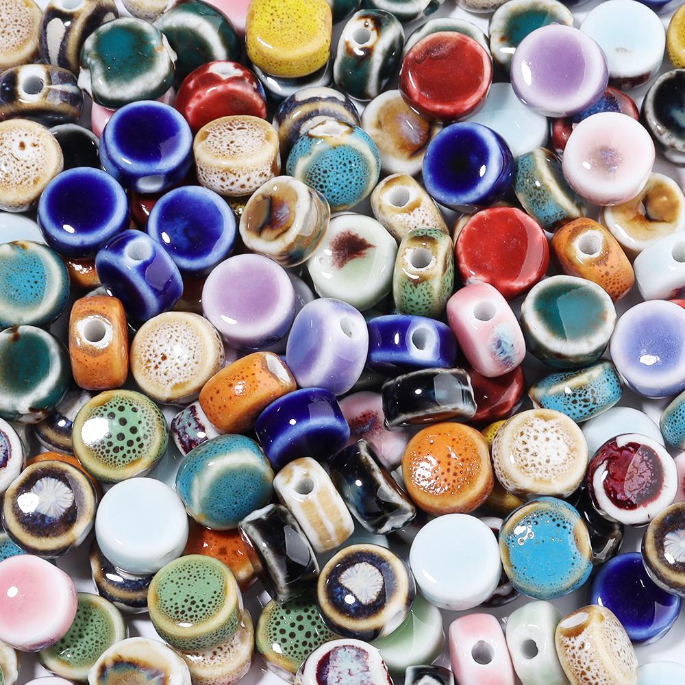 10pcs/lot 12mm Colorful Floral Glaze Ceramic Beads Flat Round Loose Beads for DIY Jewelry Making Bracelet Necklace Accessories