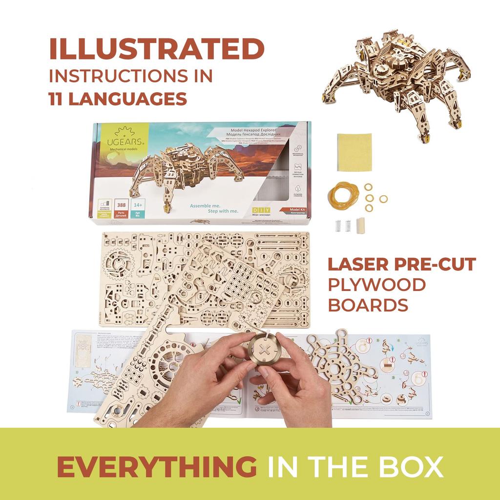Ugears Hexapod Explorer 70158 Wooden No Glue or Tools 3D Assembly Instructions Included Puzzle, Required, Puzzle,