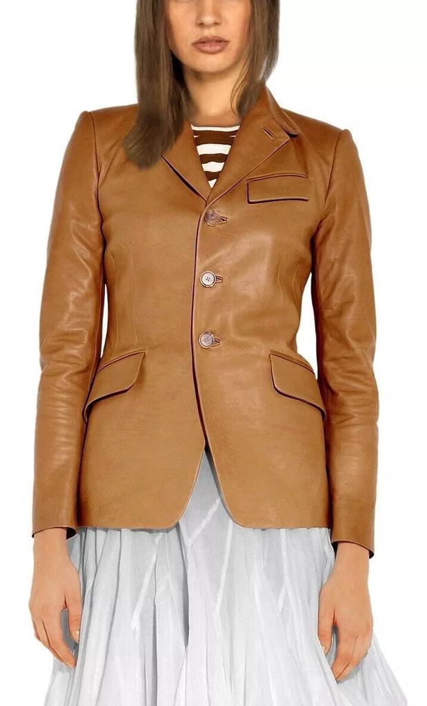 Genuine Classic Button Party Blazer Real Lambskin Leather Beige Stylish Women