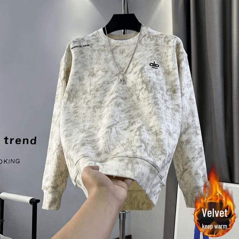 Men's Slim Fit Tie-Dye Embroidered Hoodie with Velvet, Long Sleeve, Round Neck for Autumn and Winter.