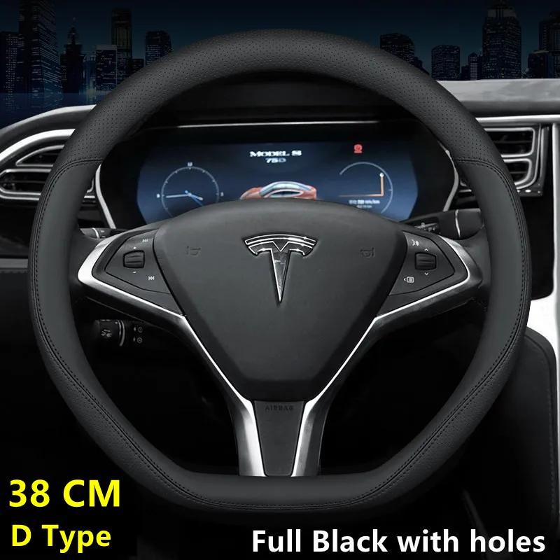 Nappa Leather Car Steering Wheel Cover For Tesla Model 3 Y S X 2019 - 2025 4 Seasons 36-38 CM Black Auto Interior Accessories