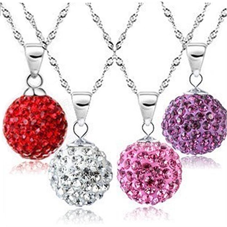 Korean Style Retro Silver Plated Crystal Shamballa Necklace with Colored Diamond Ball