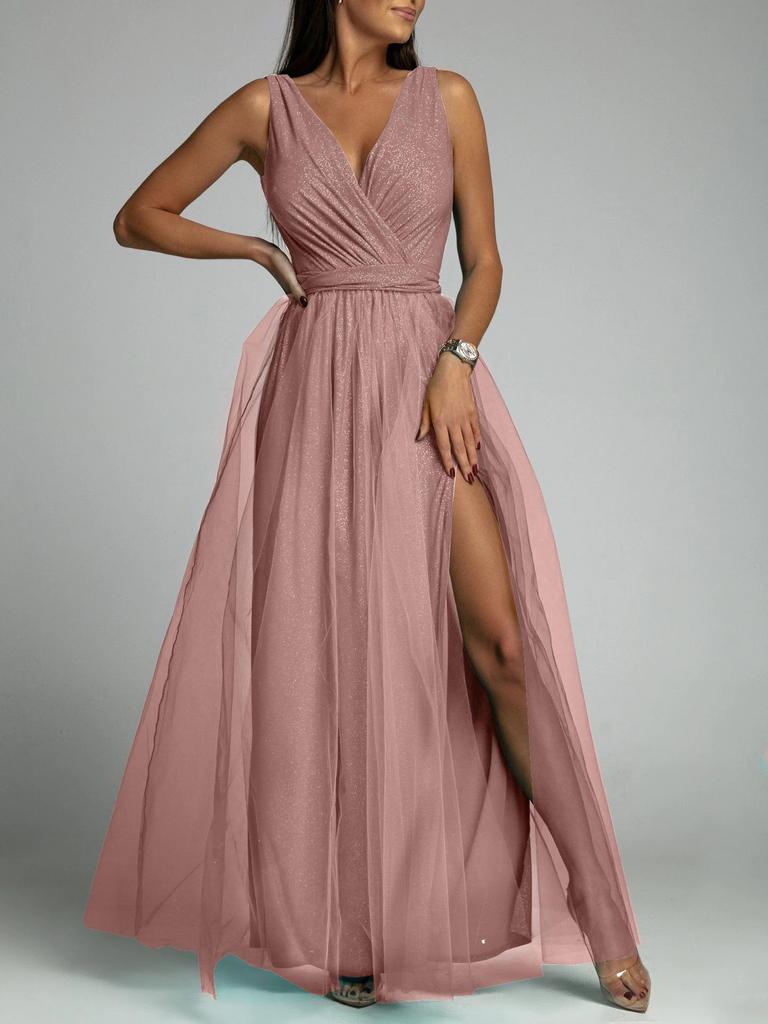 Cross-border 2023 V-Neck Waist-Cinching Sparkling Evening Gown with Slit