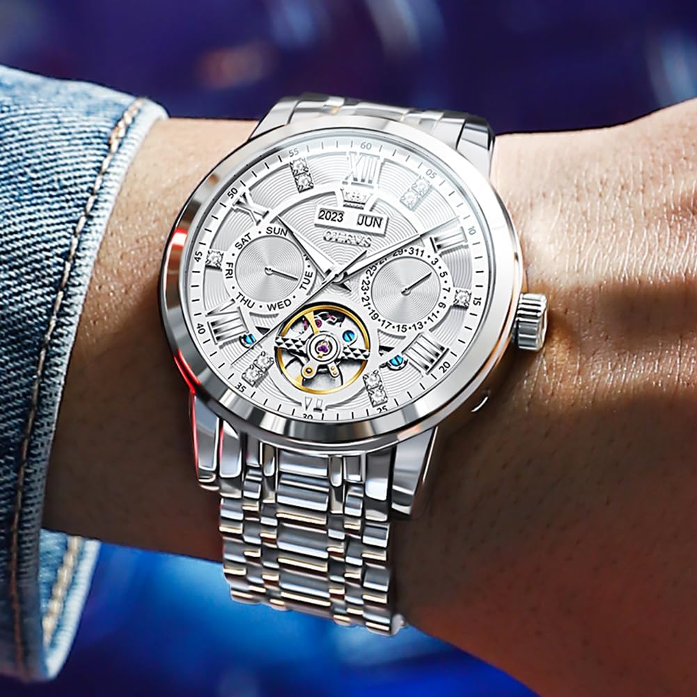 OLEVS Men's Mechanical Automatic & Manual Winding Watch with Perpetual Calendar, Skeleton Design, Metal Band, Retro Style, Luminous, Waterproof, White