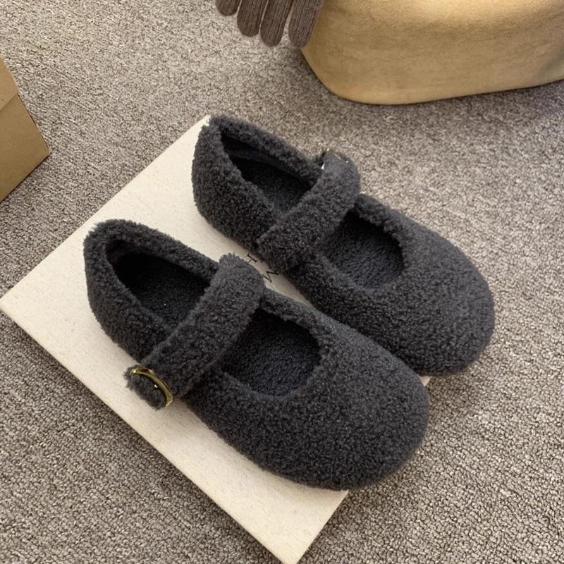 Fashion Elegant Round Toe Lambswool Ballet Flats Woman Winter Warm Plush Loafers Ladies Brand Design Teddy Fur Mary Jane Shoes In Grey