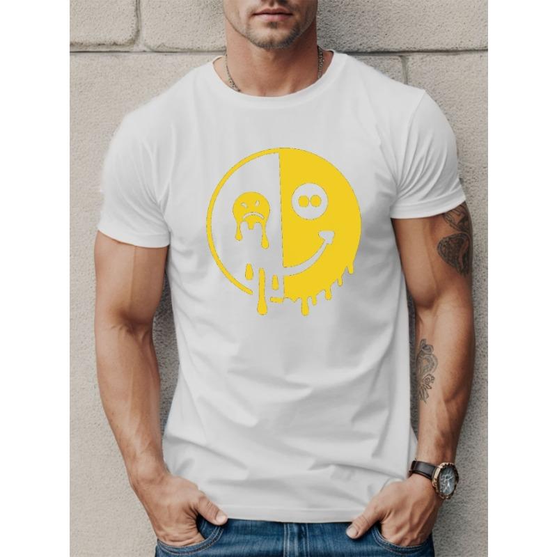 European sizes Melting Face Print Tees For Men, Casual Crew Neck Short Sleeve T-Shirt, Comfortable Breathable T-shirt For Summer