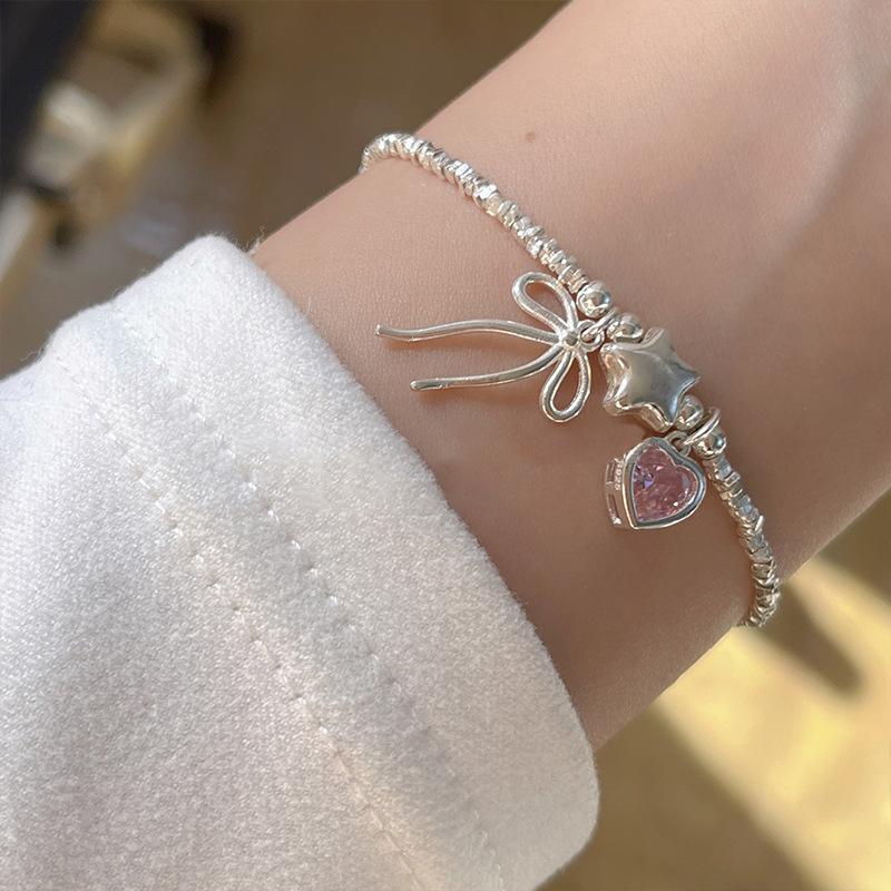 925 Silver Zircon Love Heart Bracelet For Women Bowknot Stars Bead Snake Bone Chain Jewelry Gift Dropship