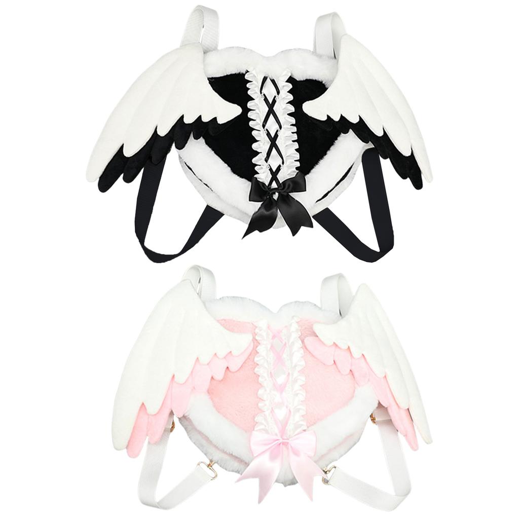 Y2K Angel Heart Backpack Bag Plush Fashion Shoulders Bag with Detachable Angel Wing for Daily Travel Cosplay Props Bag