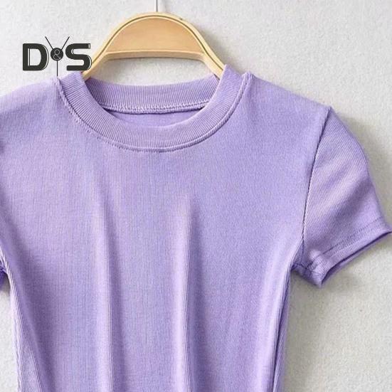 Women Summer Crop Top O Neck Short Sleeve Slim Fit Stretchy Solid Color Waist Exposed Casual Soft Breathable Lady T Shirt